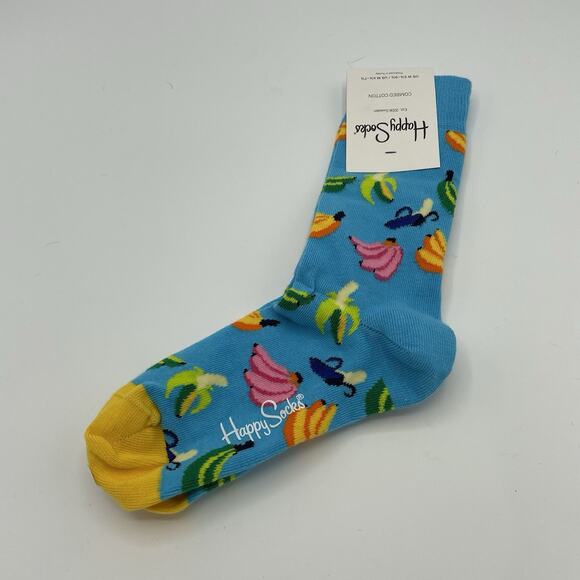 Happy Socks Banana Fun Print Turquoise Blue Unisex Women's 5.5 9.5 Men's 4.5 7.5 - Picture 1 of 3